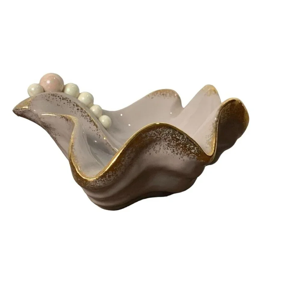 Vintage‎ MCM Gilt Seashell Ashtray Trinket Dish Pearls Midcentury Mermaid Ocean